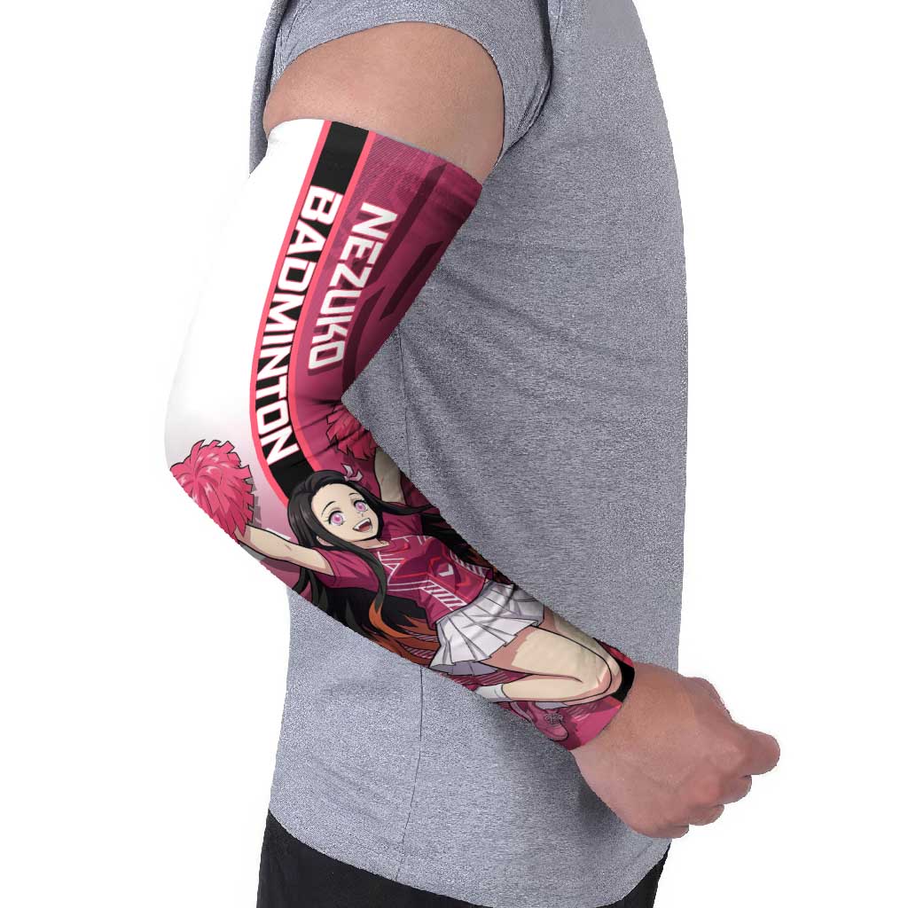 Personalized Nezuko Kamado Demon Slayer Badminton Cheerleader Arm Sleeves with Pom Poms and Pink White Graphic Design - The Mazicc