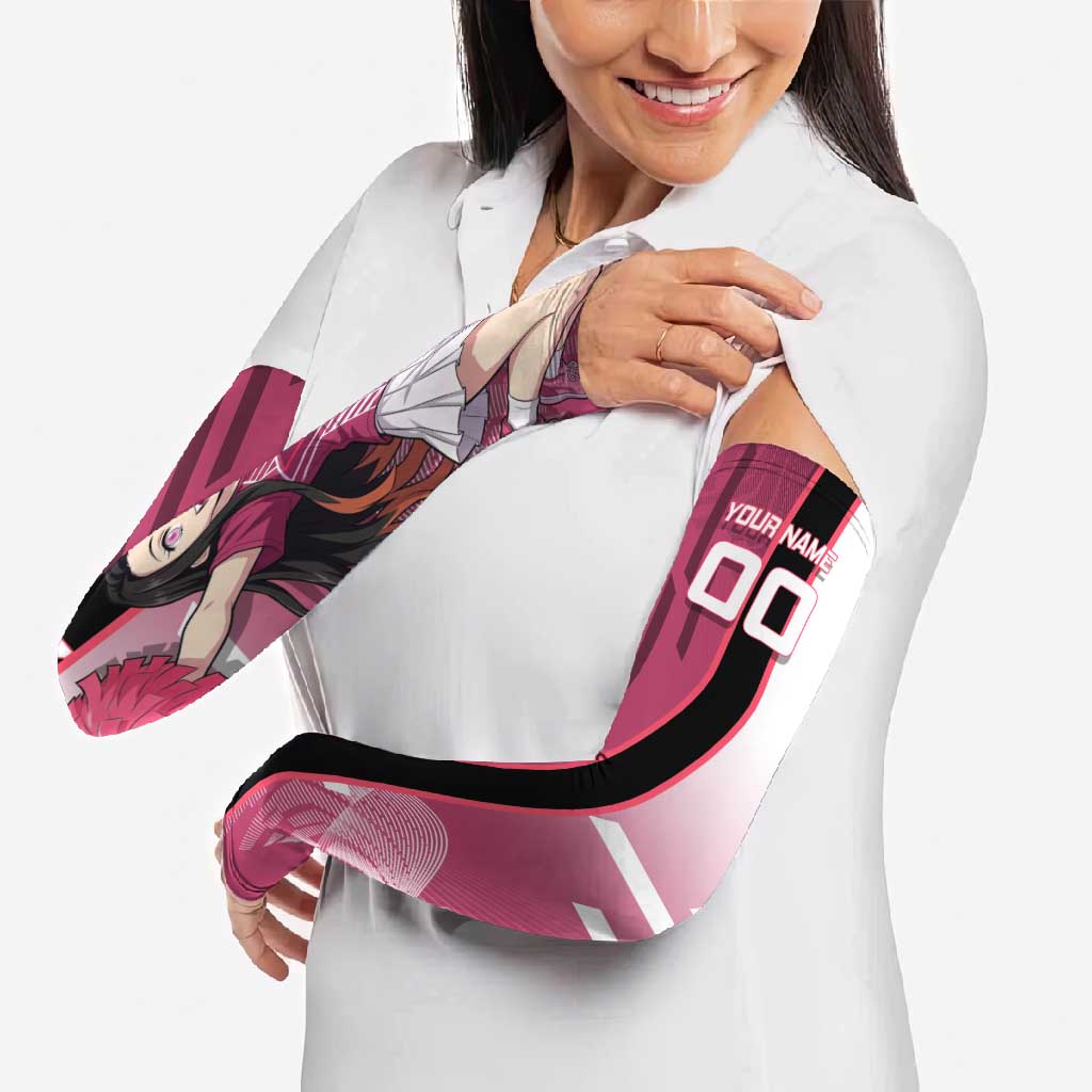 Personalized Nezuko Kamado Demon Slayer Badminton Cheerleader Arm Sleeves with Pom Poms and Pink White Graphic Design - The Mazicc