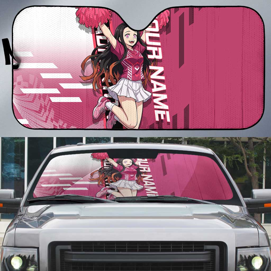 Personalized Nezuko Kamado Demon Slayer Badminton Cheerleader Auto Sun Shade with Pom Poms and Pink White Graphic Design - The Mazicc