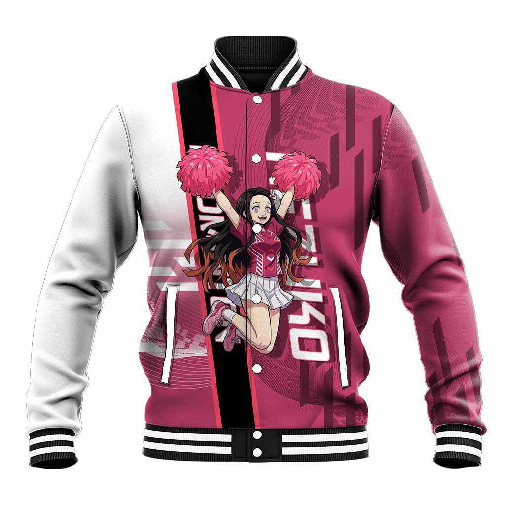 Personalized Nezuko Kamado Demon Slayer Badminton Cheerleader Baseball Jacket with Pom Poms and Pink White Graphic Design - The Mazicc