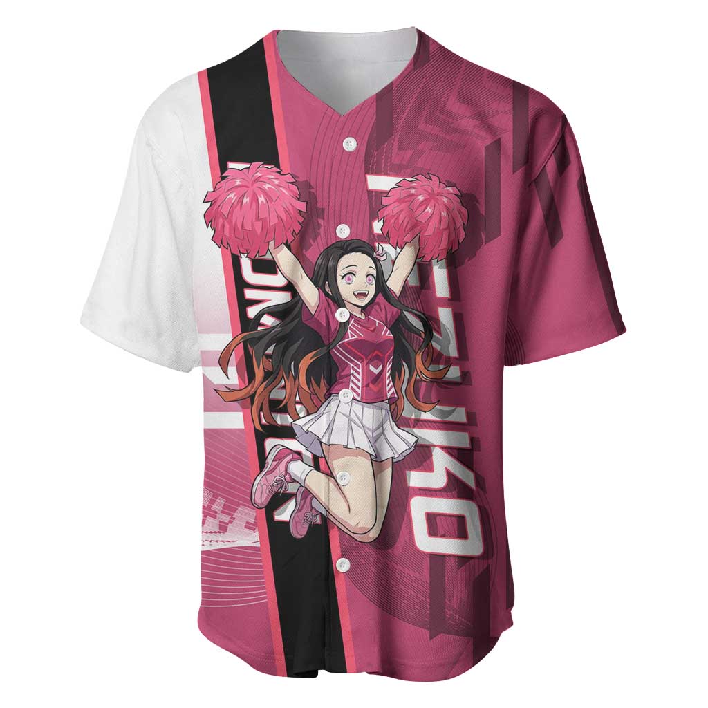 Personalized Nezuko Kamado Demon Slayer Badminton Cheerleader Baseball Jersey with Pom Poms and Pink White Graphic Design - The Mazicc