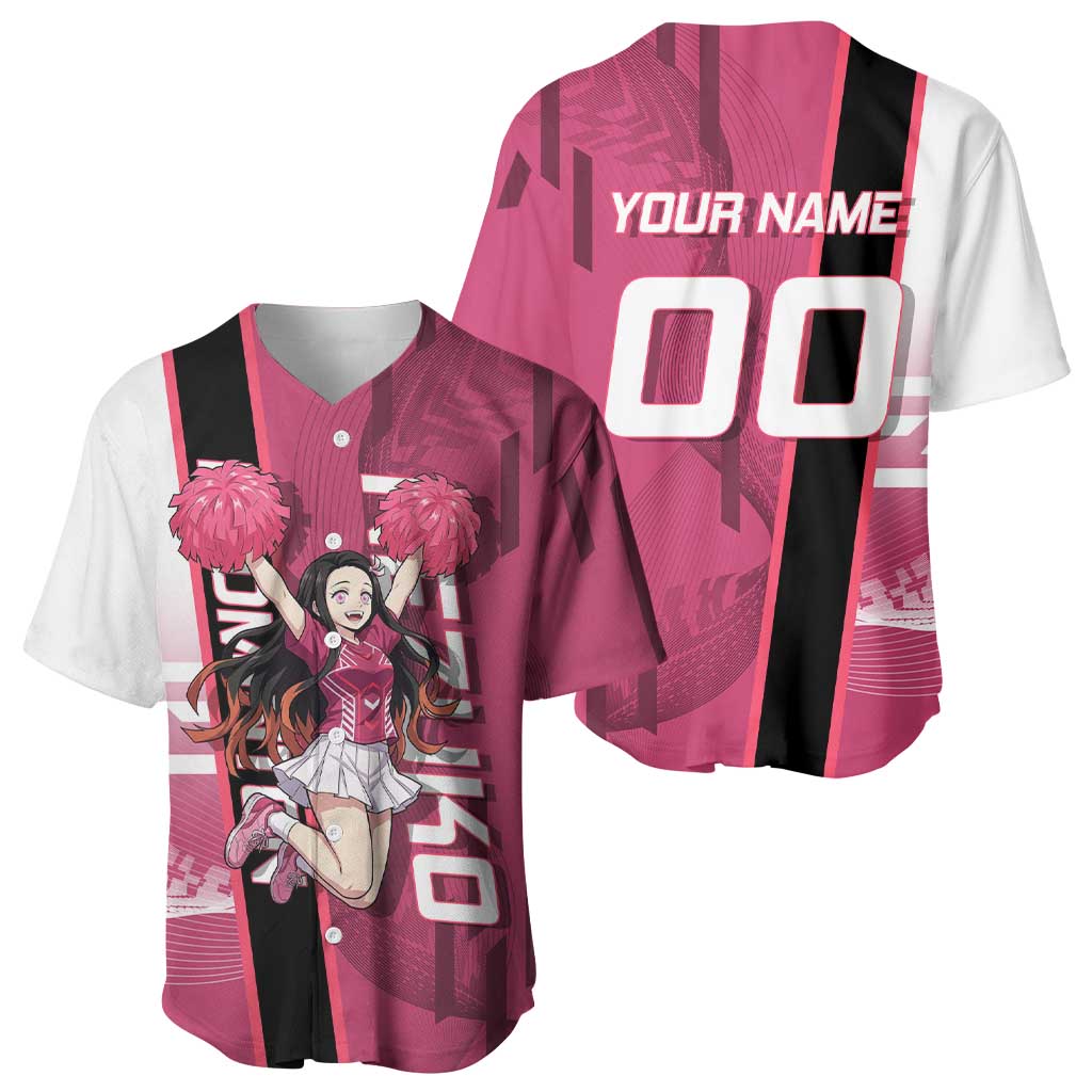 Personalized Nezuko Kamado Demon Slayer Badminton Cheerleader Baseball Jersey with Pom Poms and Pink White Graphic Design - The Mazicc