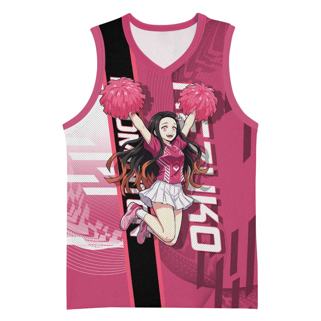 Personalized Nezuko Kamado Demon Slayer Badminton Cheerleader Basketball Jersey with Pom Poms and Pink White Graphic Design - The Mazicc