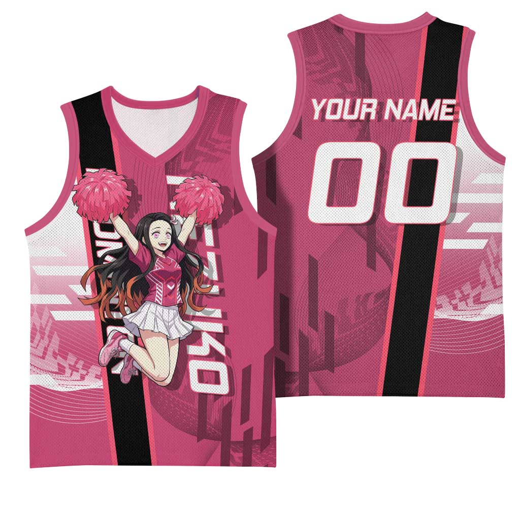Personalized Nezuko Kamado Demon Slayer Badminton Cheerleader Basketball Jersey with Pom Poms and Pink White Graphic Design - The Mazicc