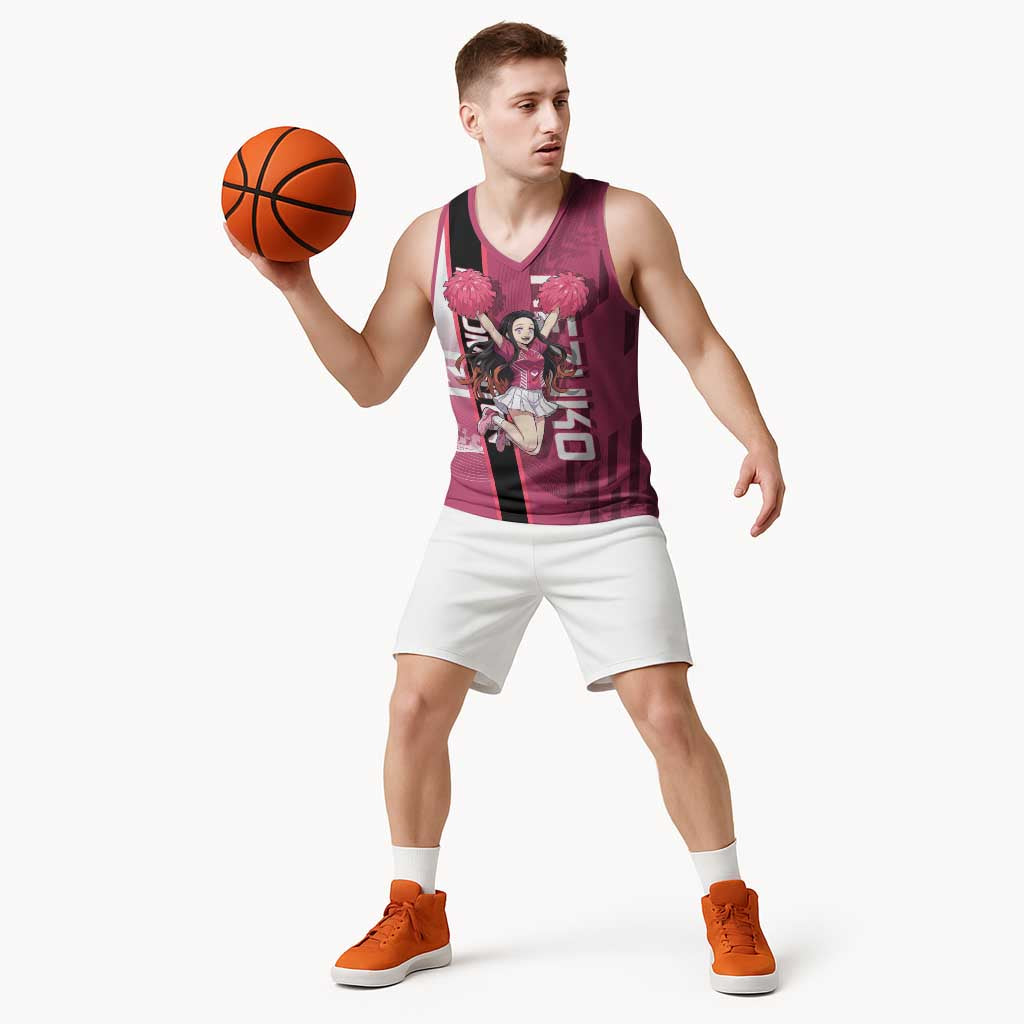 Personalized Nezuko Kamado Demon Slayer Badminton Cheerleader Basketball Jersey with Pom Poms and Pink White Graphic Design - The Mazicc