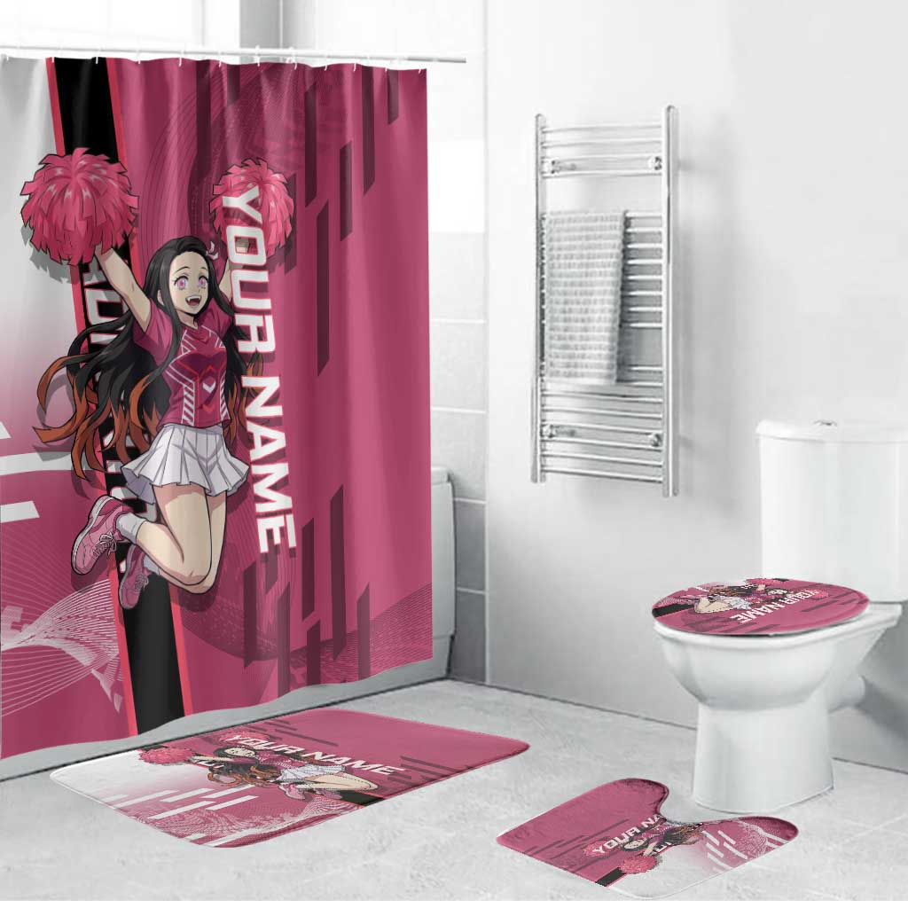 Personalized Nezuko Kamado Demon Slayer Badminton Cheerleader Bathroom Set with Pom Poms and Pink White Graphic Design - The Mazicc