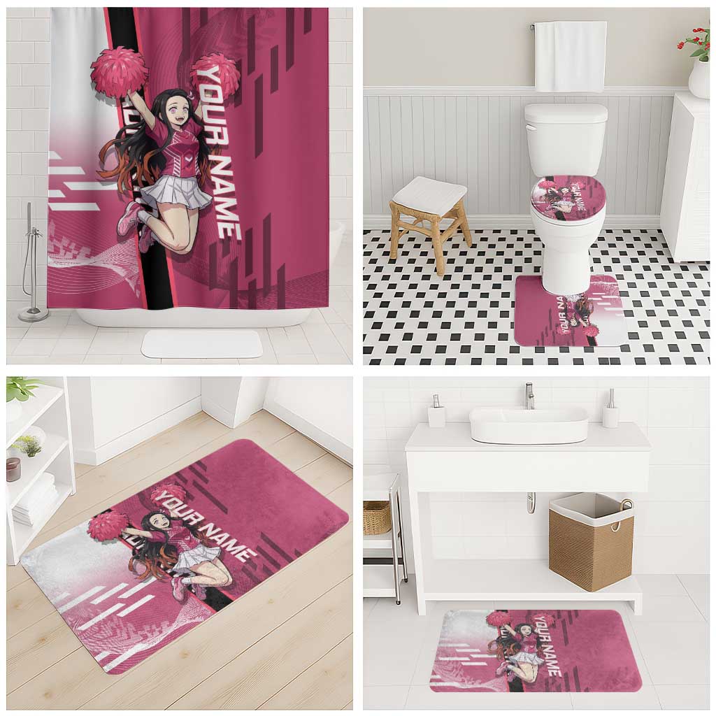 Personalized Nezuko Kamado Demon Slayer Badminton Cheerleader Bathroom Set with Pom Poms and Pink White Graphic Design - The Mazicc