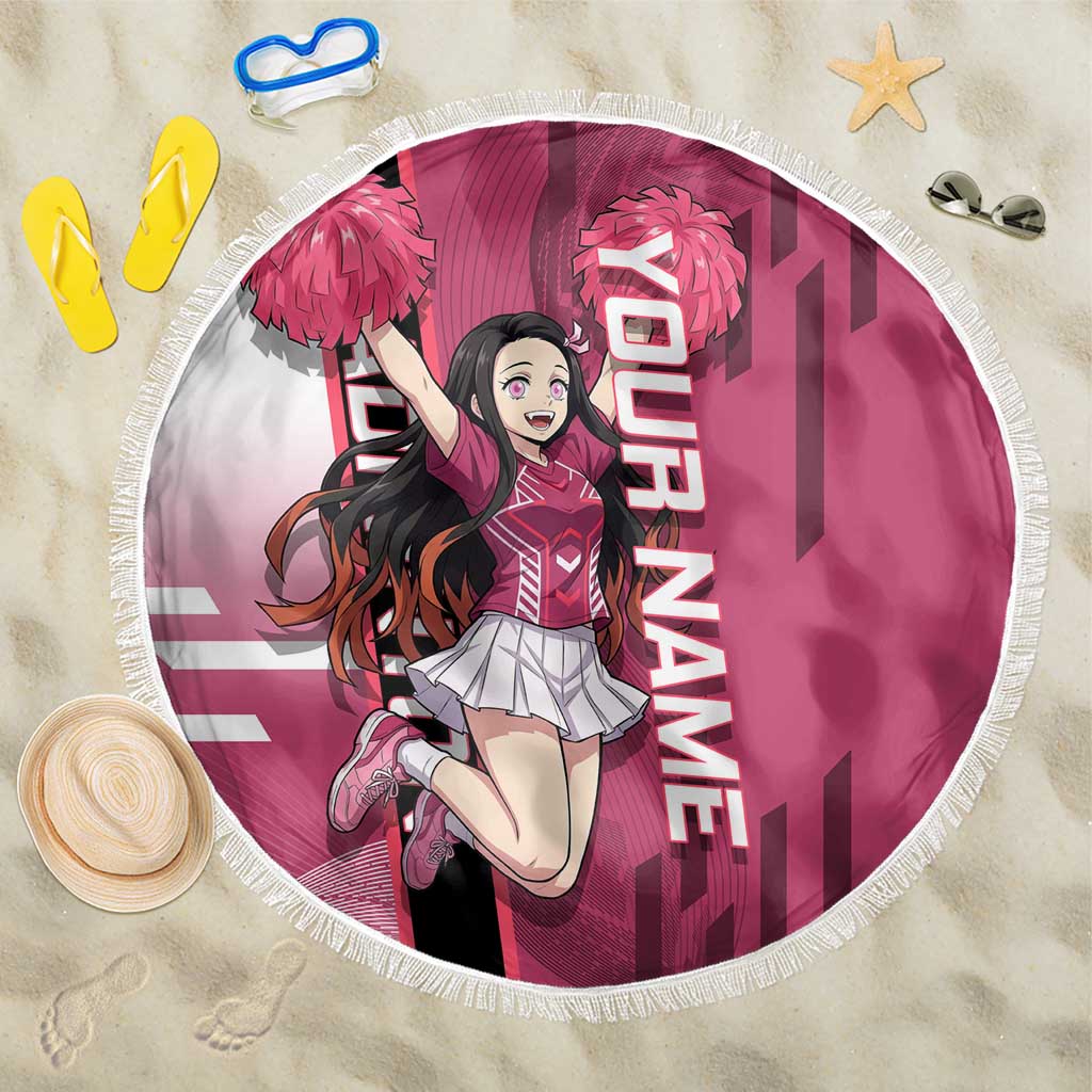 Personalized Nezuko Kamado Demon Slayer Badminton Cheerleader Beach Blanket with Pom Poms and Pink White Graphic Design - The Mazicc