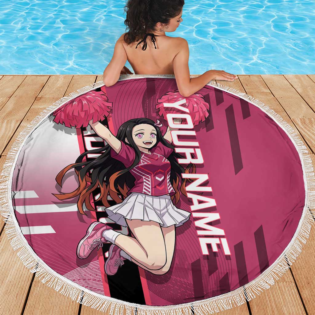 Personalized Nezuko Kamado Demon Slayer Badminton Cheerleader Beach Blanket with Pom Poms and Pink White Graphic Design - The Mazicc
