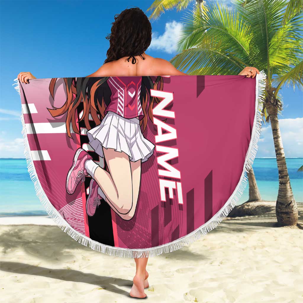Personalized Nezuko Kamado Demon Slayer Badminton Cheerleader Beach Blanket with Pom Poms and Pink White Graphic Design - The Mazicc