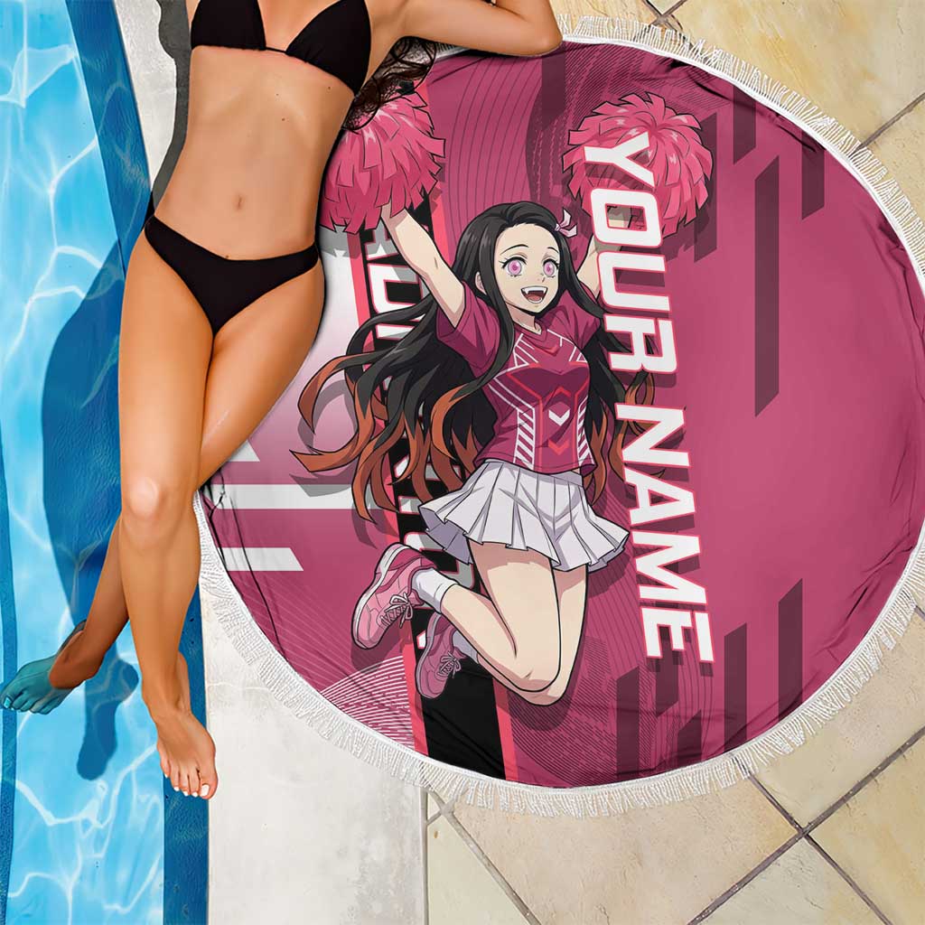 Personalized Nezuko Kamado Demon Slayer Badminton Cheerleader Beach Blanket with Pom Poms and Pink White Graphic Design - The Mazicc
