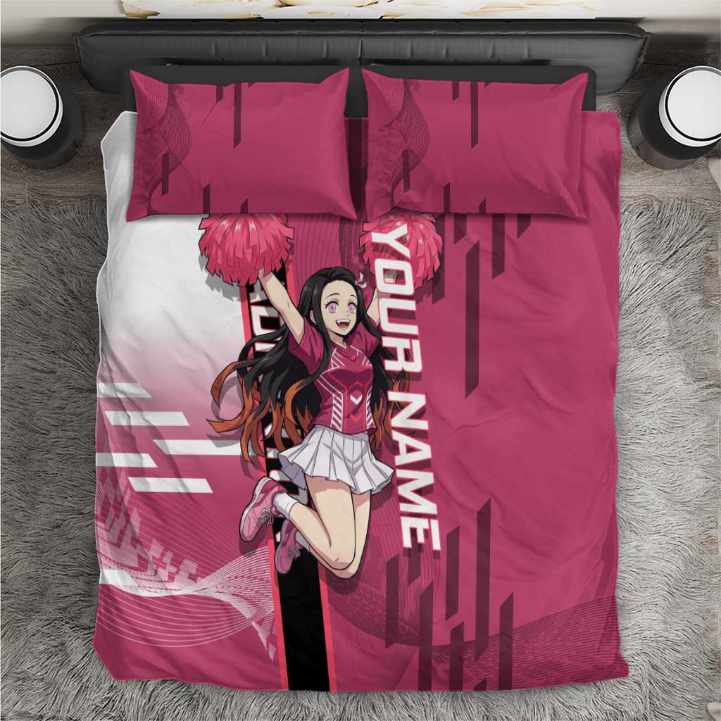 Personalized Nezuko Kamado Demon Slayer Badminton Cheerleader Bedding Set with Pom Poms and Pink White Graphic Design - The Mazicc