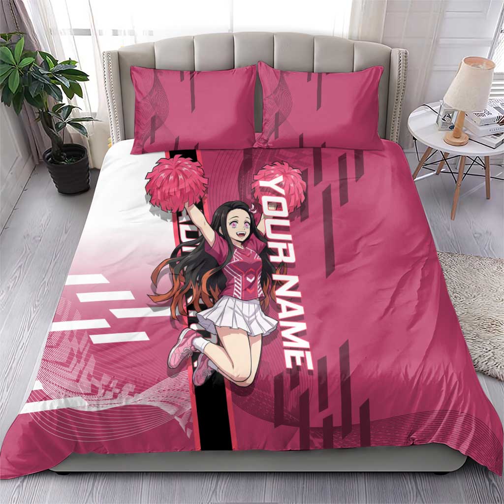 Personalized Nezuko Kamado Demon Slayer Badminton Cheerleader Bedding Set with Pom Poms and Pink White Graphic Design - The Mazicc