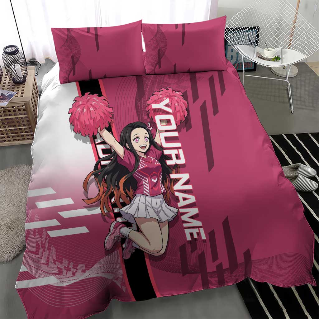 Personalized Nezuko Kamado Demon Slayer Badminton Cheerleader Bedding Set with Pom Poms and Pink White Graphic Design - The Mazicc