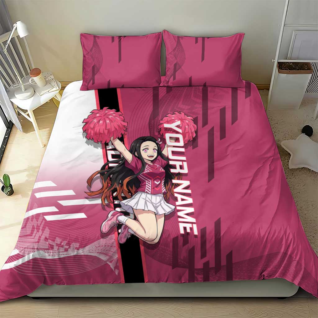 Personalized Nezuko Kamado Demon Slayer Badminton Cheerleader Bedding Set with Pom Poms and Pink White Graphic Design - The Mazicc