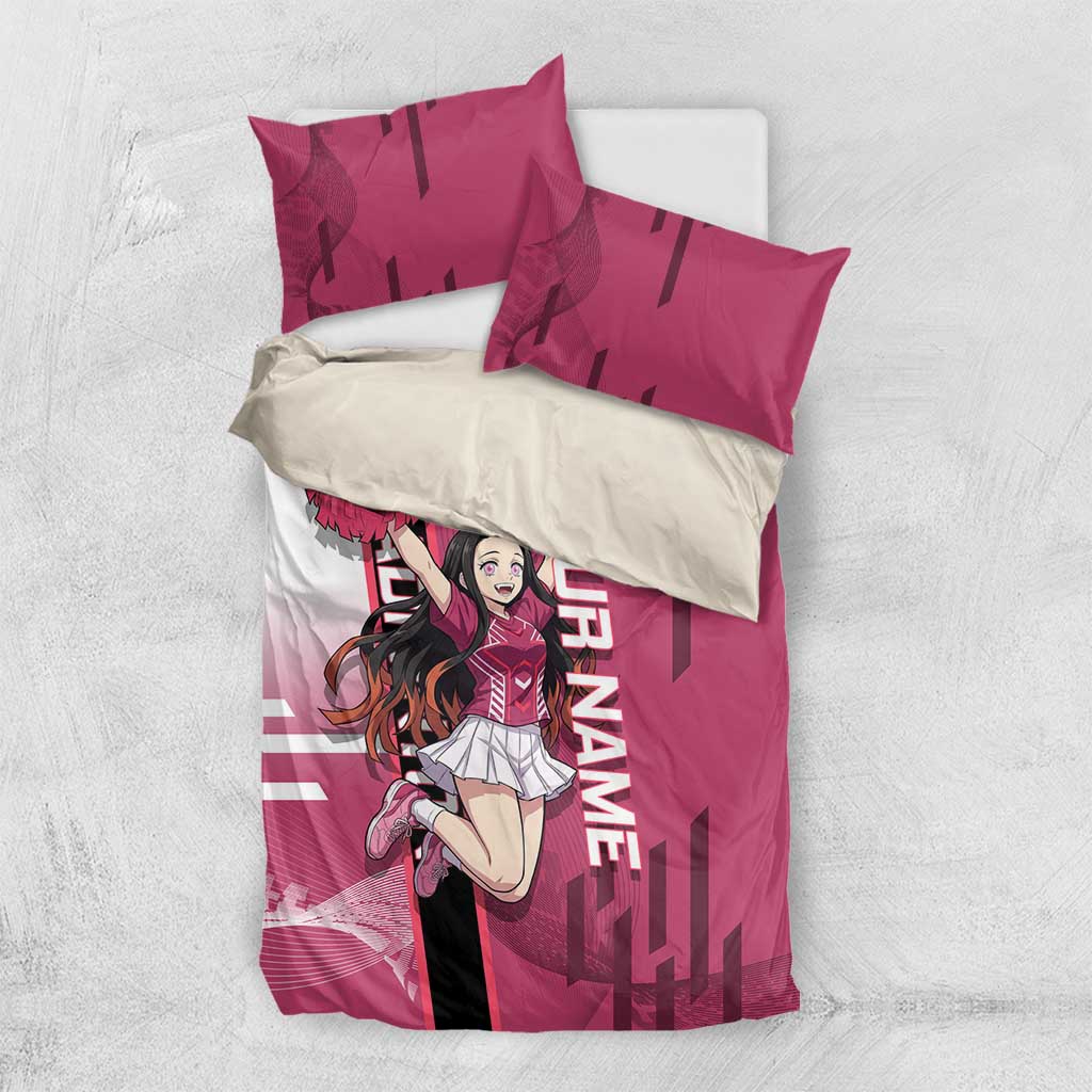 Personalized Nezuko Kamado Demon Slayer Badminton Cheerleader Bedding Set with Pom Poms and Pink White Graphic Design - The Mazicc
