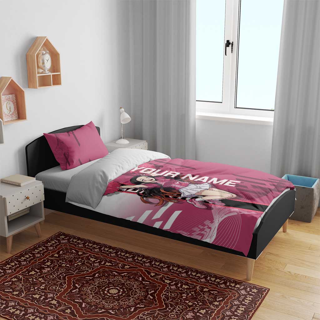 Personalized Nezuko Kamado Demon Slayer Badminton Cheerleader Bedding Set with Pom Poms and Pink White Graphic Design - The Mazicc