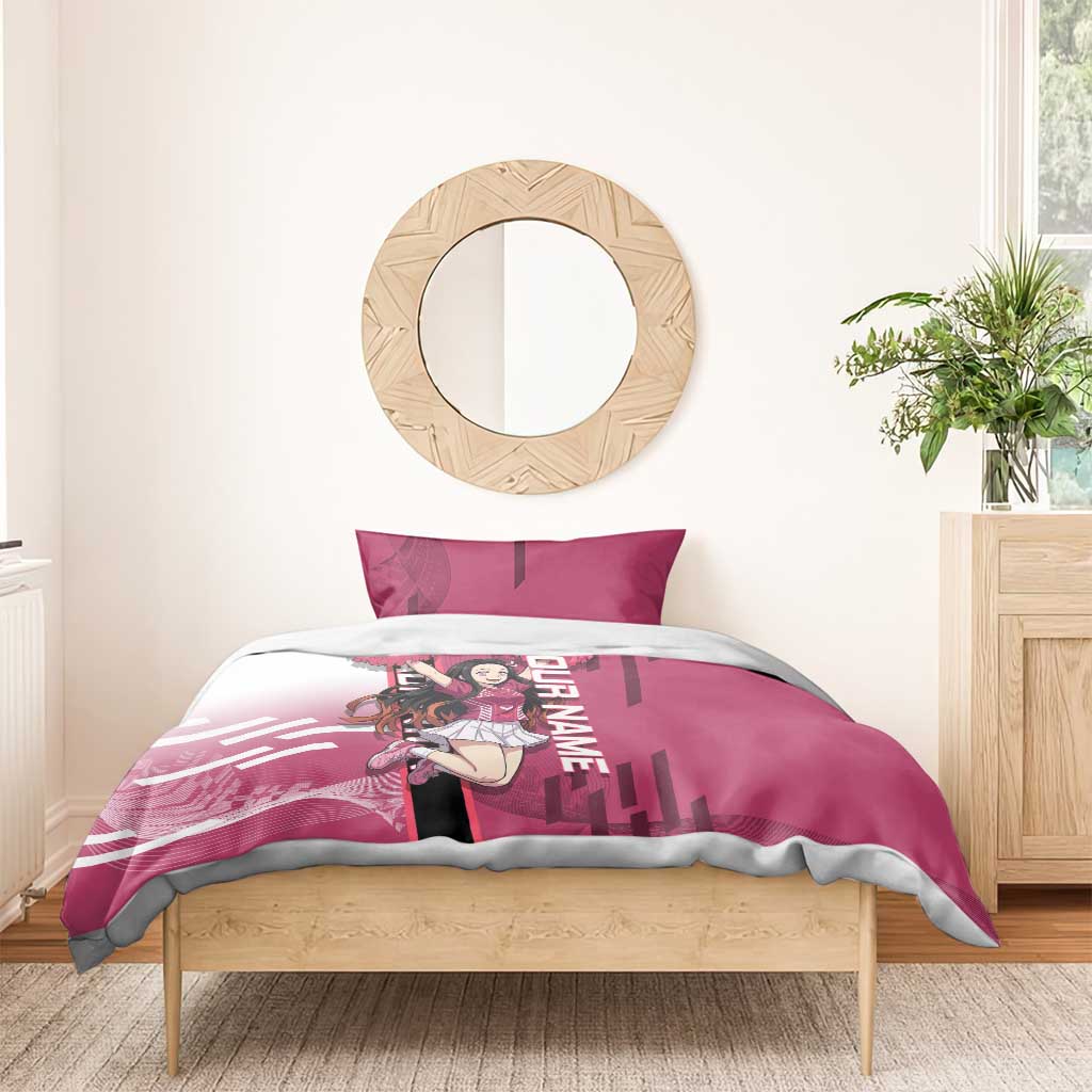 Personalized Nezuko Kamado Demon Slayer Badminton Cheerleader Bedding Set with Pom Poms and Pink White Graphic Design - The Mazicc