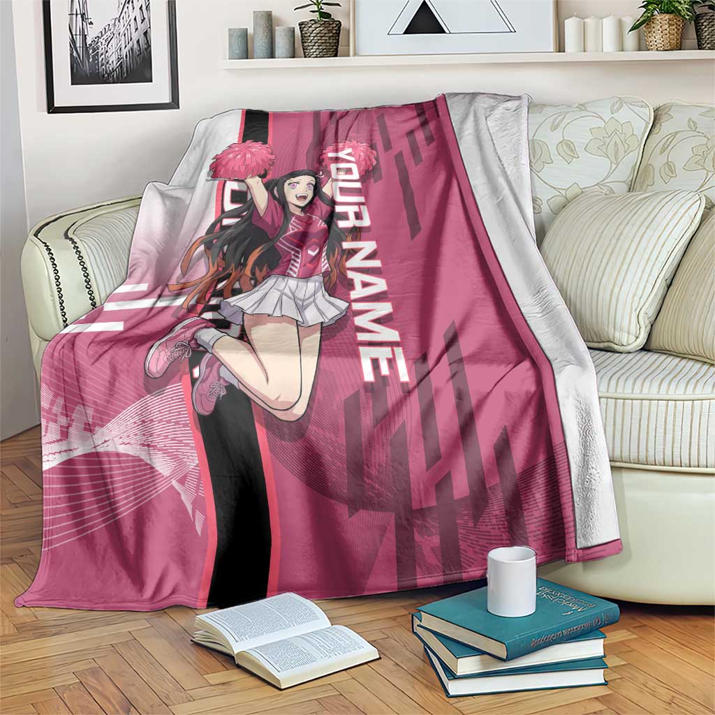 Personalized Nezuko Kamado Demon Slayer Badminton Cheerleader Blanket with Pom Poms and Pink White Graphic Design - The Mazicc
