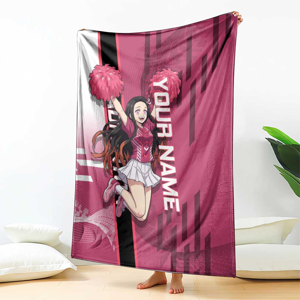 Personalized Nezuko Kamado Demon Slayer Badminton Cheerleader Blanket with Pom Poms and Pink White Graphic Design - The Mazicc