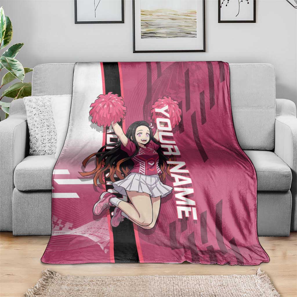 Personalized Nezuko Kamado Demon Slayer Badminton Cheerleader Blanket with Pom Poms and Pink White Graphic Design - The Mazicc