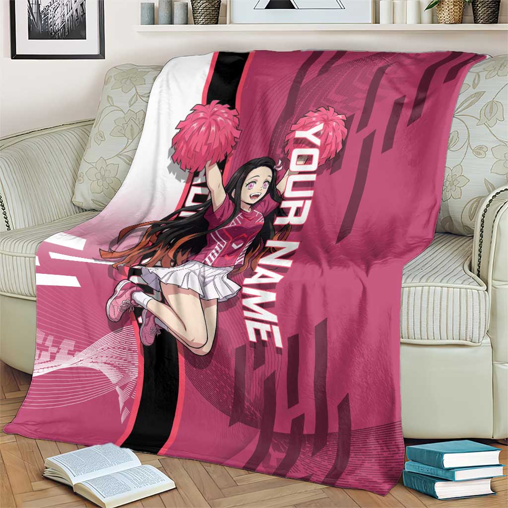 Personalized Nezuko Kamado Demon Slayer Badminton Cheerleader Blanket with Pom Poms and Pink White Graphic Design - The Mazicc