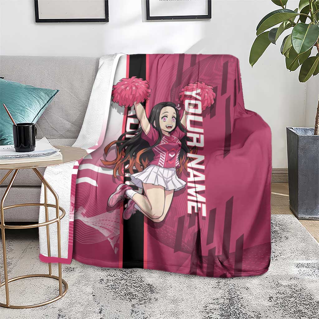 Personalized Nezuko Kamado Demon Slayer Badminton Cheerleader Blanket with Pom Poms and Pink White Graphic Design - The Mazicc