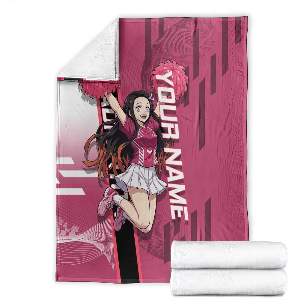 Personalized Nezuko Kamado Demon Slayer Badminton Cheerleader Blanket with Pom Poms and Pink White Graphic Design - The Mazicc