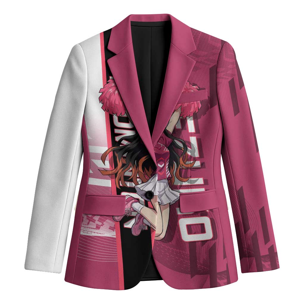 Personalized Nezuko Kamado Demon Slayer Badminton Cheerleader Blazer with Pom Poms and Pink White Graphic Design - The Mazicc
