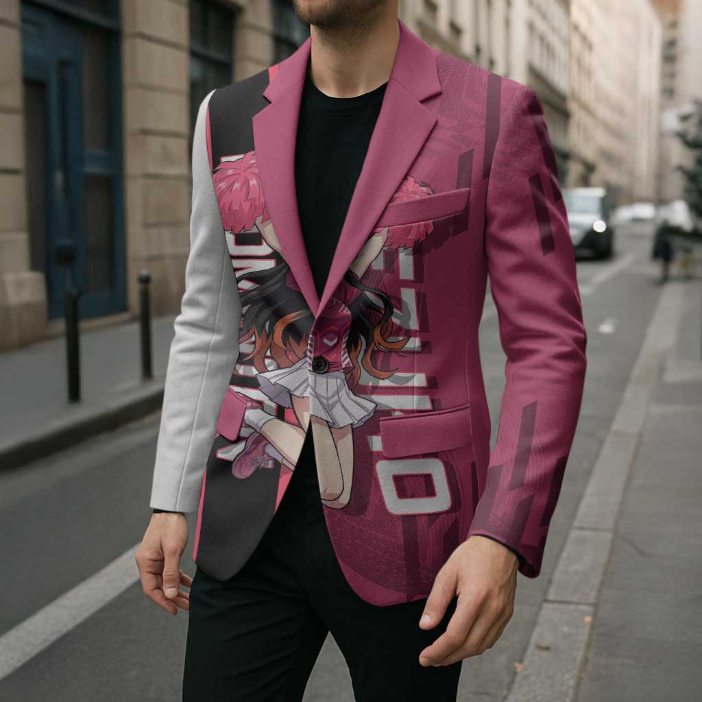 Personalized Nezuko Kamado Demon Slayer Badminton Cheerleader Blazer with Pom Poms and Pink White Graphic Design - The Mazicc