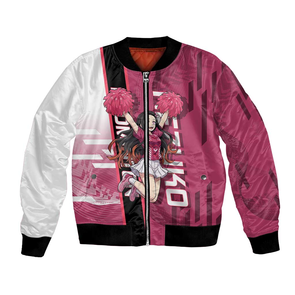 Personalized Nezuko Kamado Demon Slayer Badminton Cheerleader Bomber Jacket with Pom Poms and Pink White Graphic Design - The Mazicc