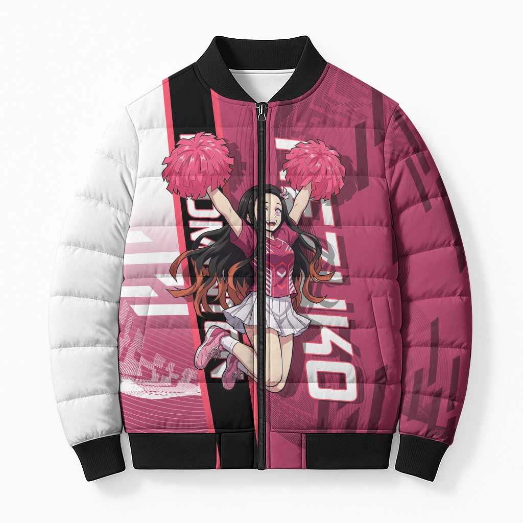 Personalized Nezuko Kamado Demon Slayer Badminton Cheerleader Bomber Puffer Jacket with Pom Poms and Pink White Graphic Design - The Mazicc