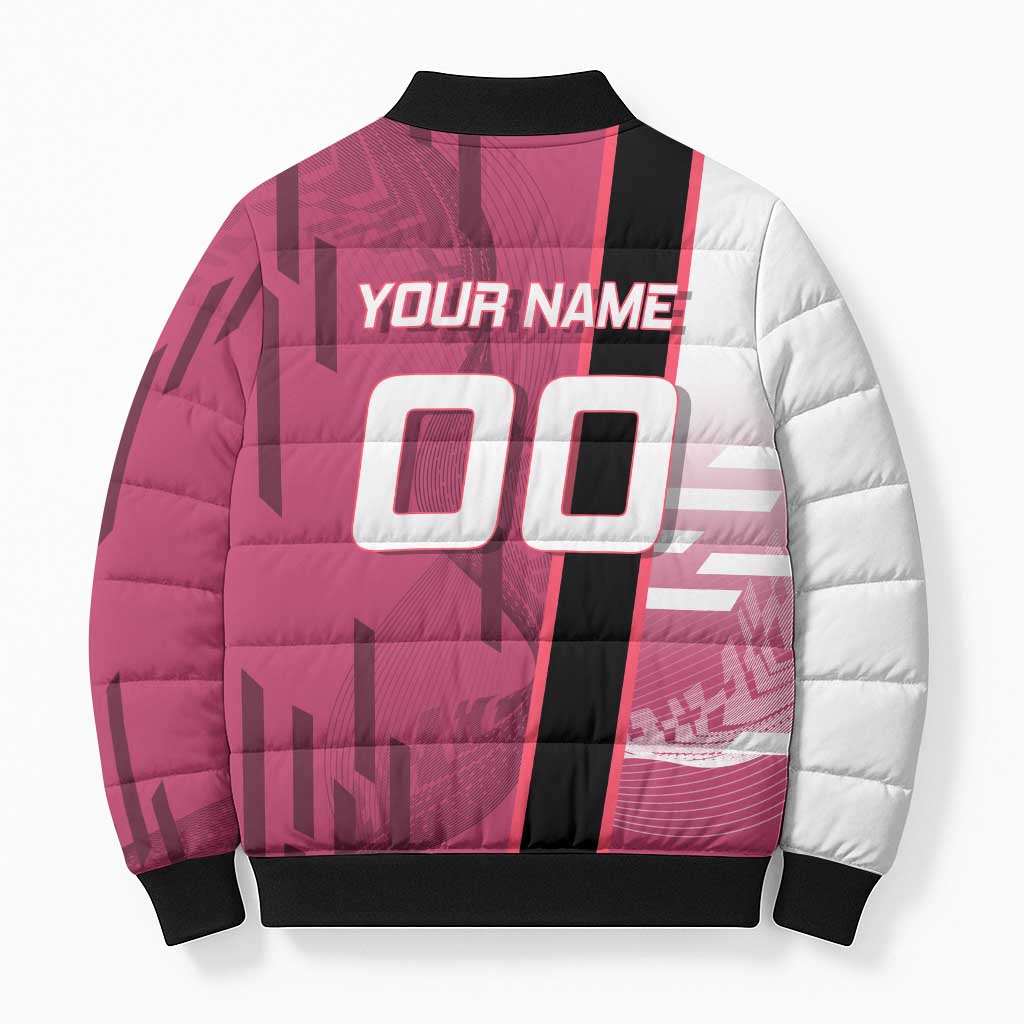 Personalized Nezuko Kamado Demon Slayer Badminton Cheerleader Bomber Puffer Jacket with Pom Poms and Pink White Graphic Design - The Mazicc