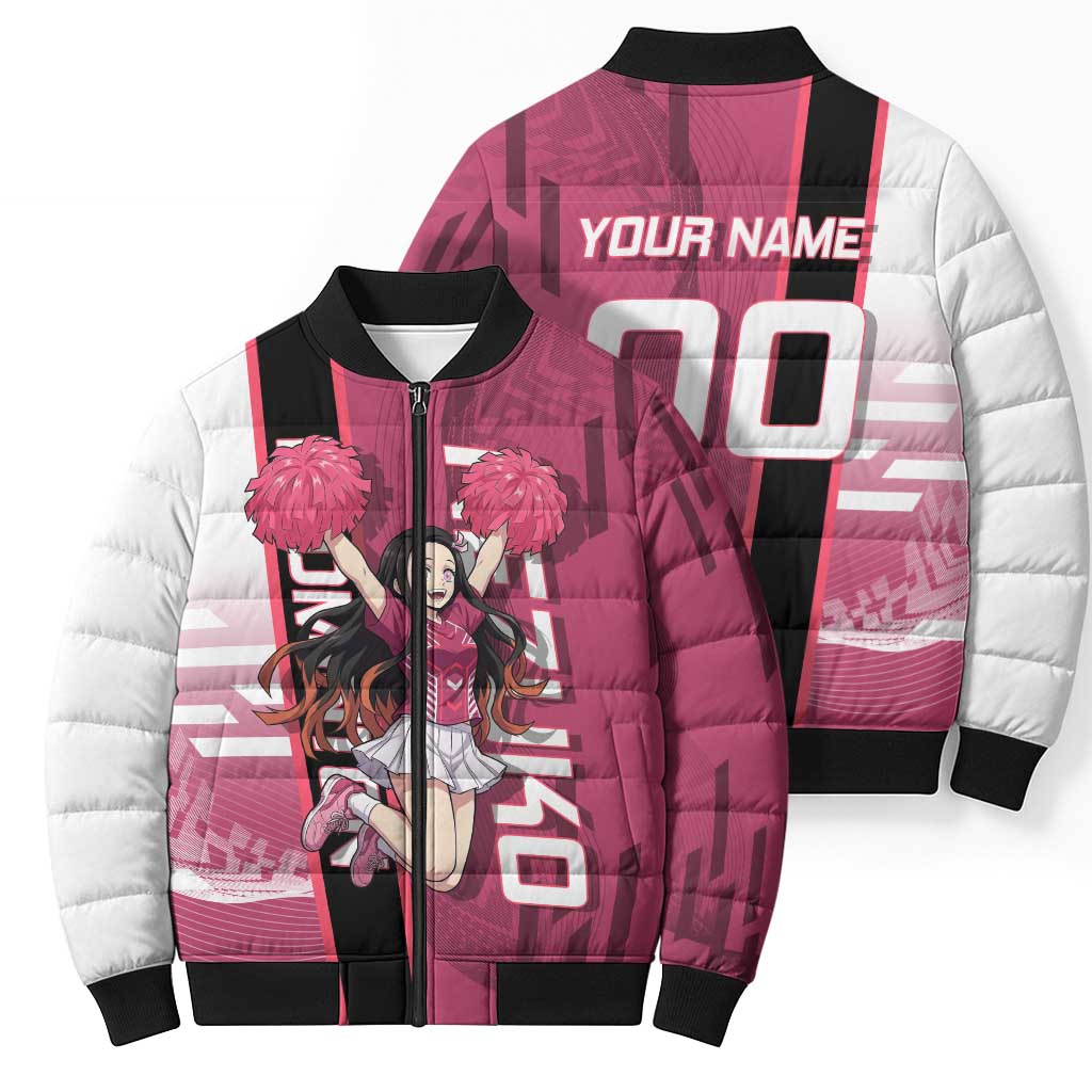 Personalized Nezuko Kamado Demon Slayer Badminton Cheerleader Bomber Puffer Jacket with Pom Poms and Pink White Graphic Design - The Mazicc