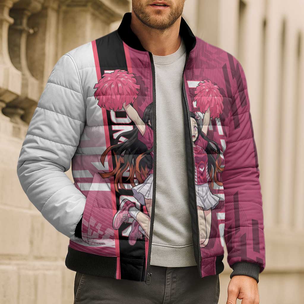 Personalized Nezuko Kamado Demon Slayer Badminton Cheerleader Bomber Puffer Jacket with Pom Poms and Pink White Graphic Design - The Mazicc
