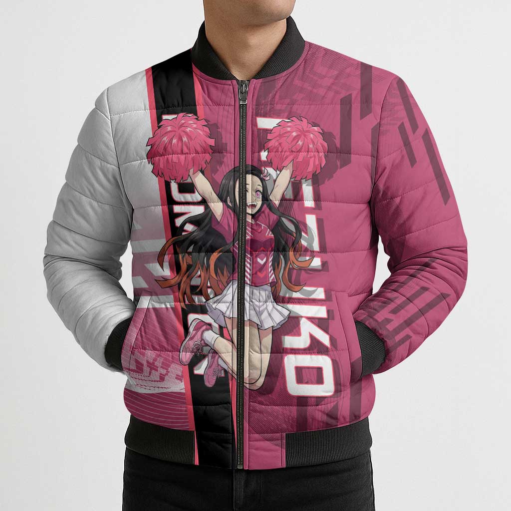 Personalized Nezuko Kamado Demon Slayer Badminton Cheerleader Bomber Puffer Jacket with Pom Poms and Pink White Graphic Design - The Mazicc