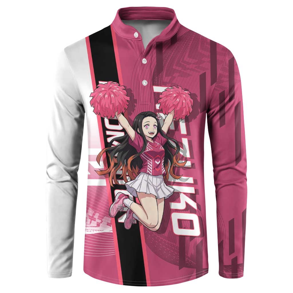 Personalized Nezuko Kamado Demon Slayer Badminton Cheerleader Button Sweatshirt with Pom Poms and Pink White Graphic Design - The Mazicc