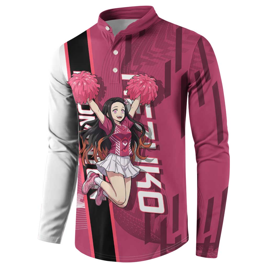 Personalized Nezuko Kamado Demon Slayer Badminton Cheerleader Button Sweatshirt with Pom Poms and Pink White Graphic Design - The Mazicc