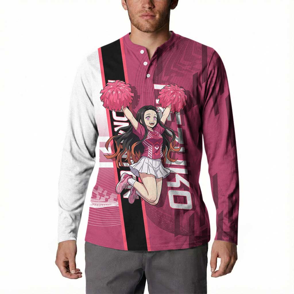 Personalized Nezuko Kamado Demon Slayer Badminton Cheerleader Button Sweatshirt with Pom Poms and Pink White Graphic Design - The Mazicc