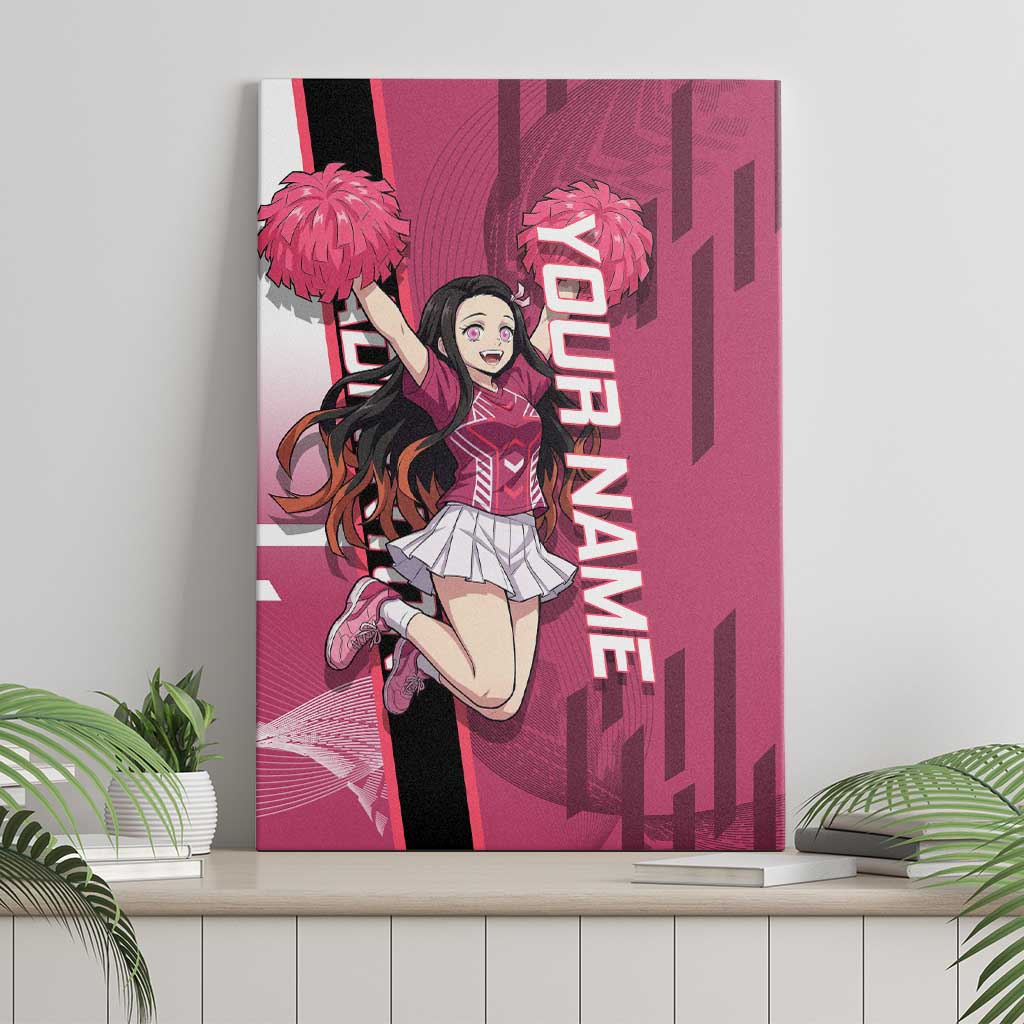 Personalized Nezuko Kamado Demon Slayer Badminton Cheerleader Canvas Wall Art with Pom Poms and Pink White Graphic Design - The Mazicc