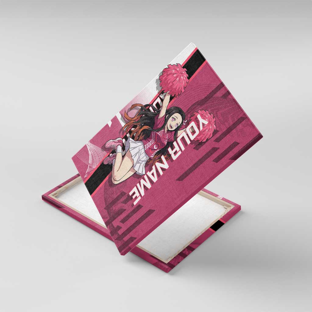 Personalized Nezuko Kamado Demon Slayer Badminton Cheerleader Canvas Wall Art with Pom Poms and Pink White Graphic Design - The Mazicc