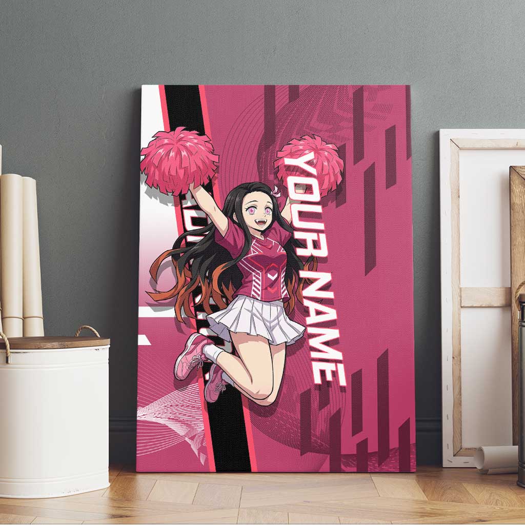 Personalized Nezuko Kamado Demon Slayer Badminton Cheerleader Canvas Wall Art with Pom Poms and Pink White Graphic Design - The Mazicc