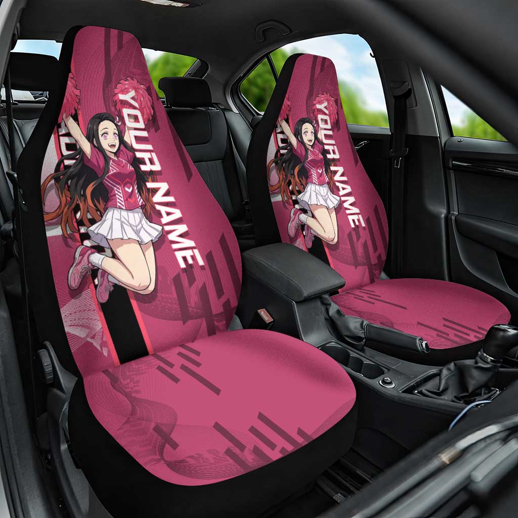 Personalized Nezuko Kamado Demon Slayer Badminton Cheerleader Car Seat Cover with Pom Poms and Pink White Graphic Design - The Mazicc