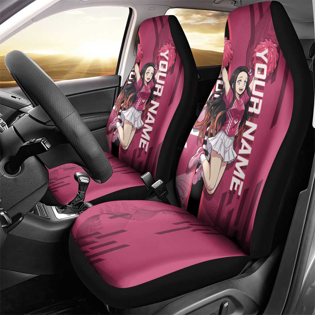 Personalized Nezuko Kamado Demon Slayer Badminton Cheerleader Car Seat Cover with Pom Poms and Pink White Graphic Design - The Mazicc