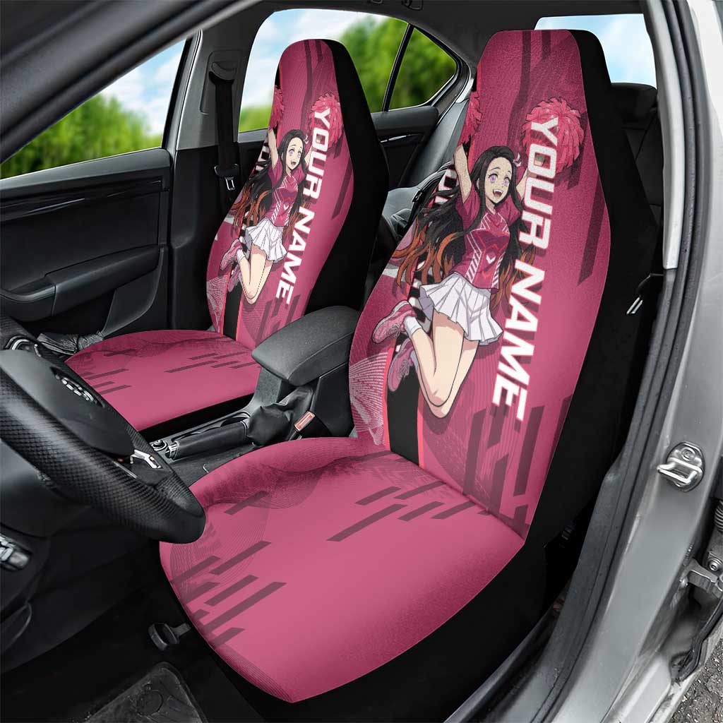 Personalized Nezuko Kamado Demon Slayer Badminton Cheerleader Car Seat Cover with Pom Poms and Pink White Graphic Design - The Mazicc