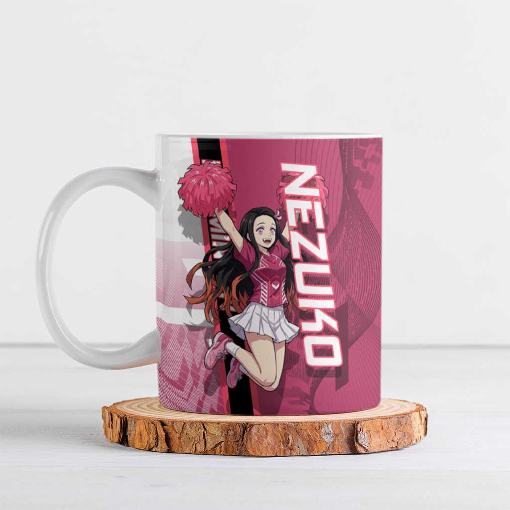 Personalized Nezuko Kamado Demon Slayer Badminton Cheerleader Ceramic Mug with Pom Poms and Pink White Graphic Design - The Mazicc