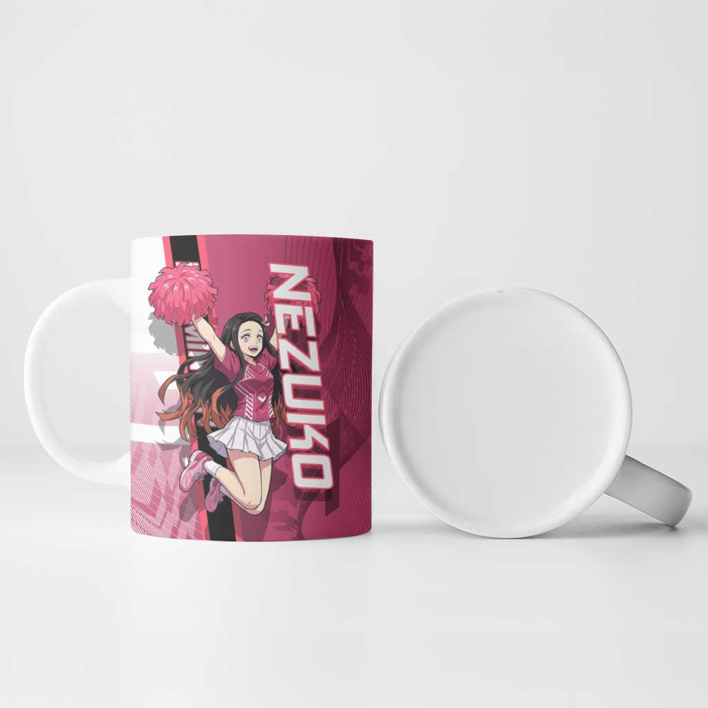 Personalized Nezuko Kamado Demon Slayer Badminton Cheerleader Ceramic Mug with Pom Poms and Pink White Graphic Design - The Mazicc