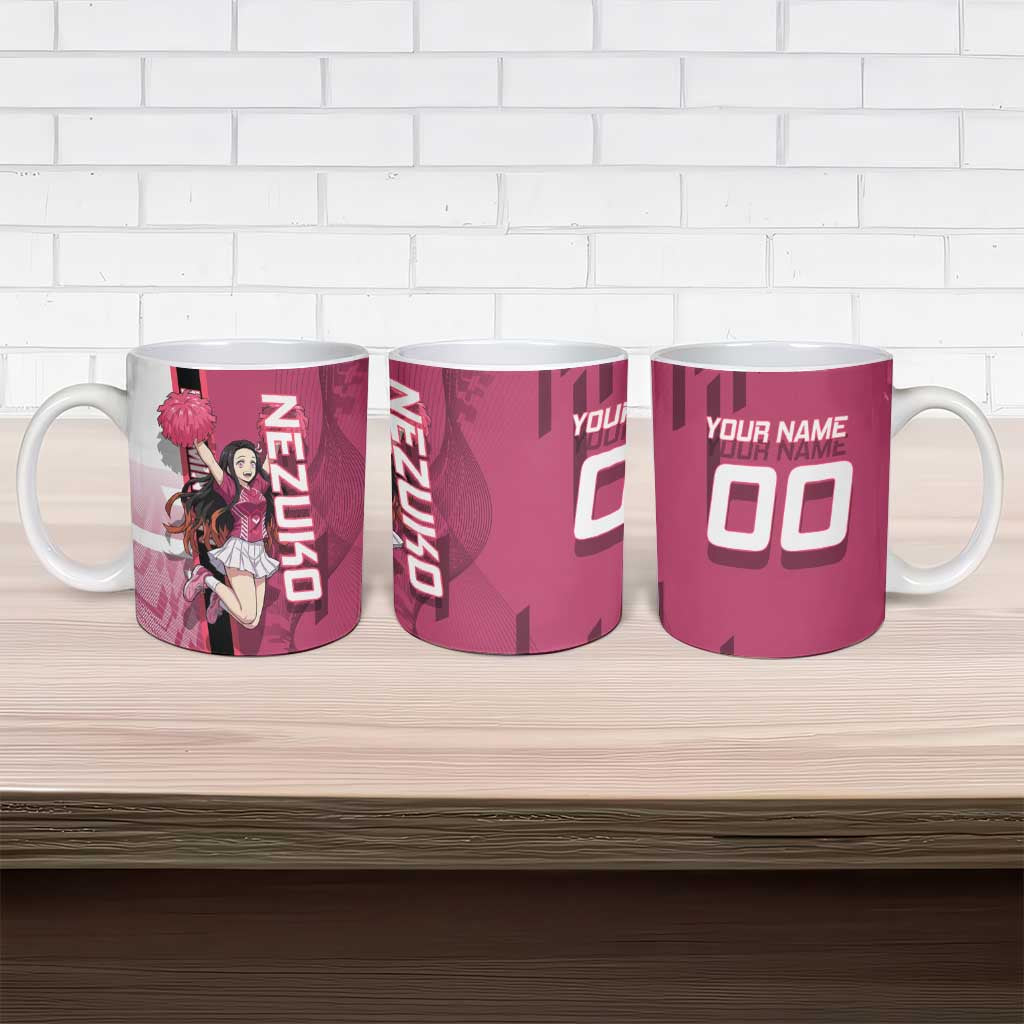 Personalized Nezuko Kamado Demon Slayer Badminton Cheerleader Ceramic Mug with Pom Poms and Pink White Graphic Design - The Mazicc