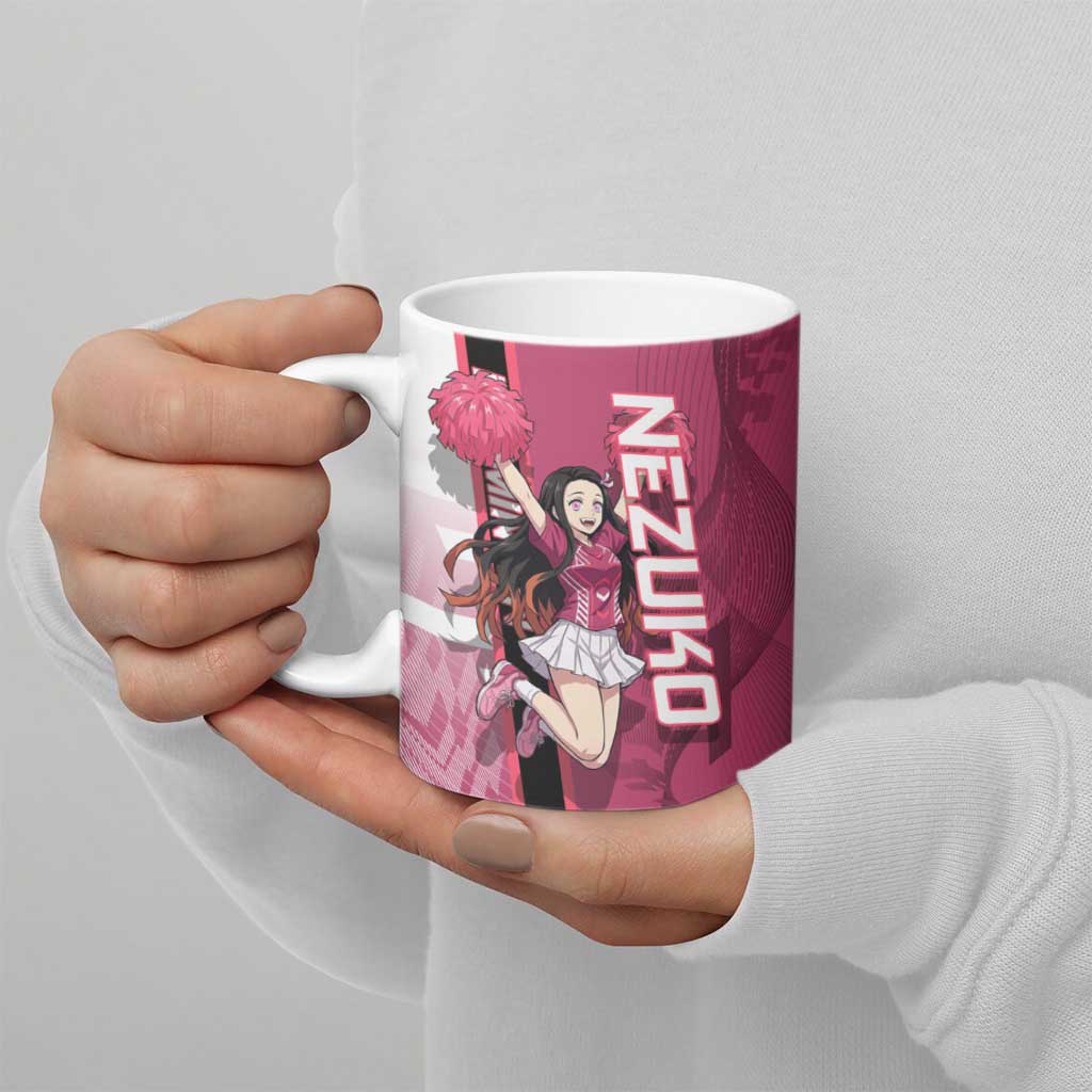 Personalized Nezuko Kamado Demon Slayer Badminton Cheerleader Ceramic Mug with Pom Poms and Pink White Graphic Design - The Mazicc