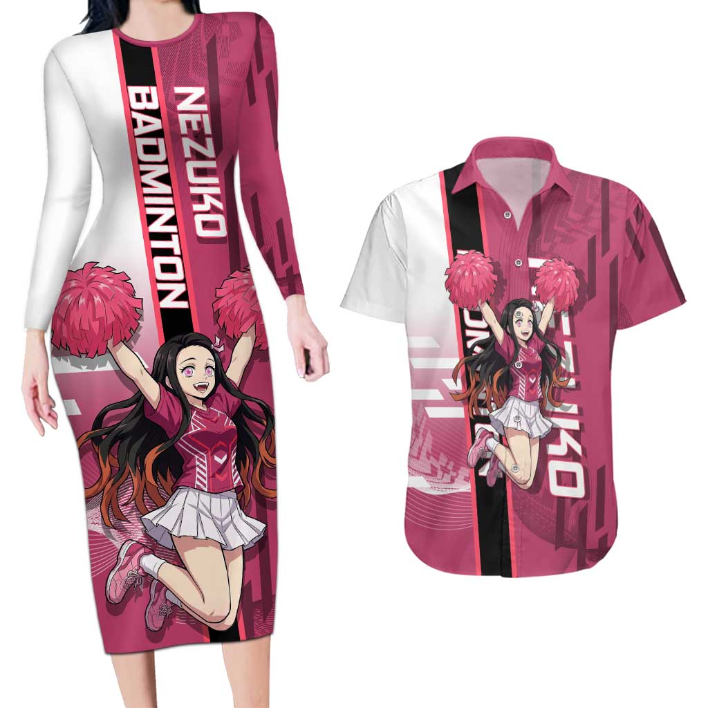 Personalized Nezuko Kamado Demon Slayer Badminton Cheerleader Couples Matching Long Sleeve Bodycon Dress and Hawaiian Shirt with Pom Poms and Pink White Graphic Design - The Mazicc